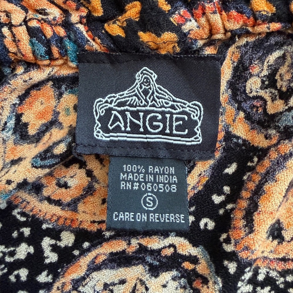 Angie Womens Paisley Bell Sleeve Tiered Mini Dress Orange Black Boho Small - Picture 6 of 6